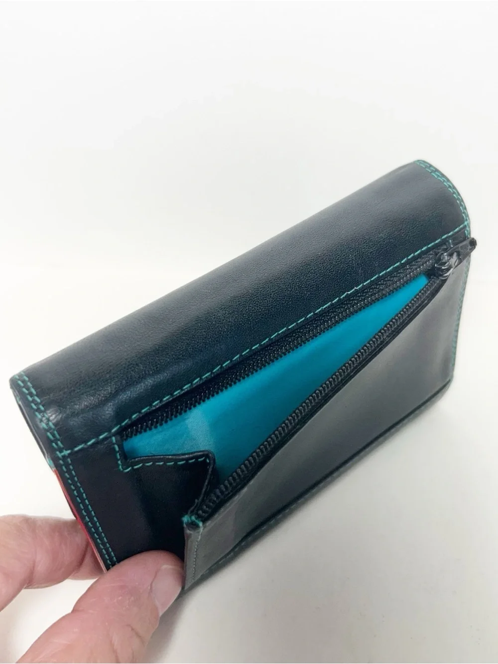 MyWalit Double Flap Ladies Trifold Leather Wallet -Black Multi, with Pen EUC